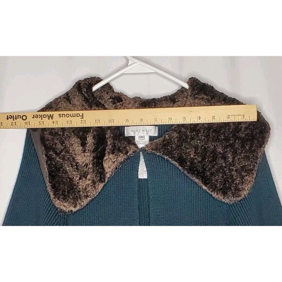Nine West Vtg Fur Collar Cardigan Women Medium Green Rib Knit - Picture 9 of 9